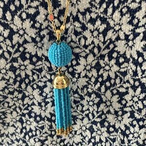 Talbots blue turquoise beaded tassel 16” necklace w gold chain and accents EUC